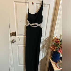 Black formal one strap dress with jewels in the middle cut out
